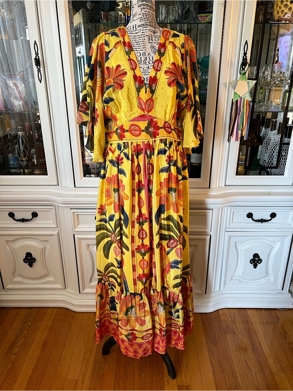 FARM Rio for Anthropologie Yellow Floral V-Neck Maxi Dress Multicolor Print M